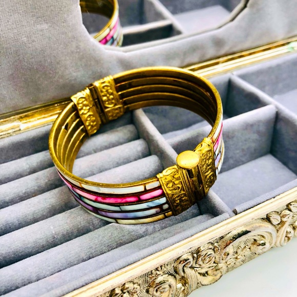 Vintage Brass Mother of Pearl Boho Bracelet - Picture 2 of 12